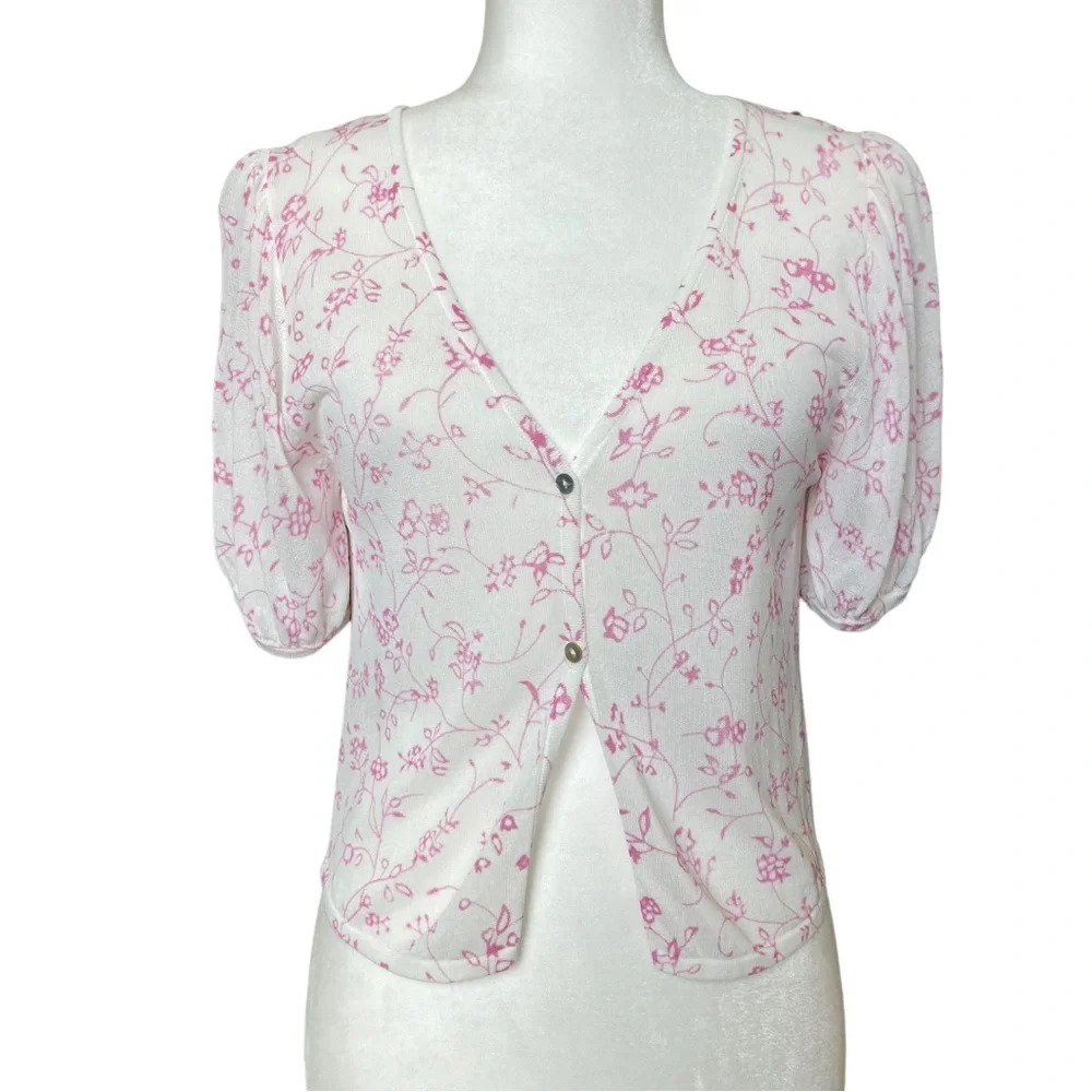 NWT Zara Women's puff short sleeve white floral open front cardigan, Sz L